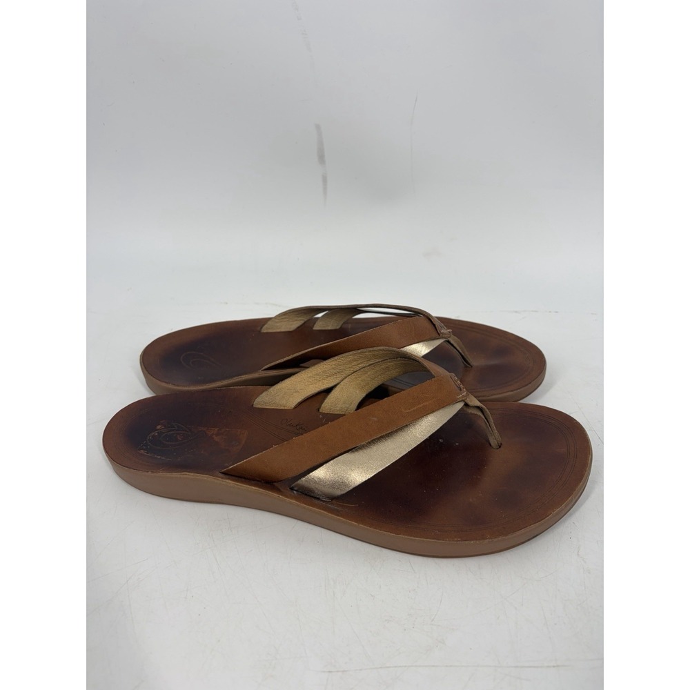 OluKai Kaekae Brown Leather Thong Slide In Sandals Womens Size 10